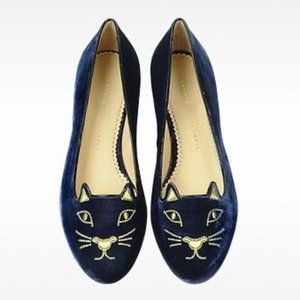 Charlotte Olympia blue velvet kitty ballerina flats 39